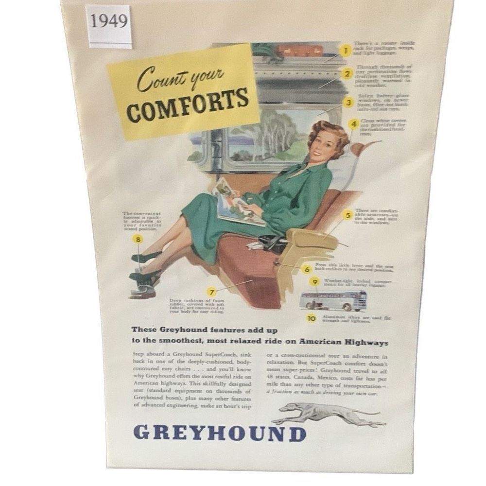Vintage 1949 Greyhound Bus Count your Comforts Ad Advertisment